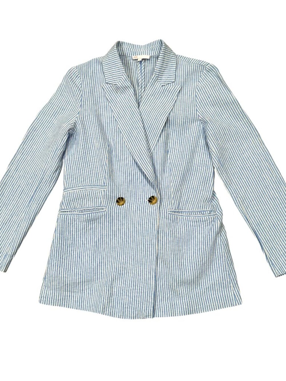 GB Linen Blend Blue White Striped Blazer Womens S Double Breasted Preppy Coastal